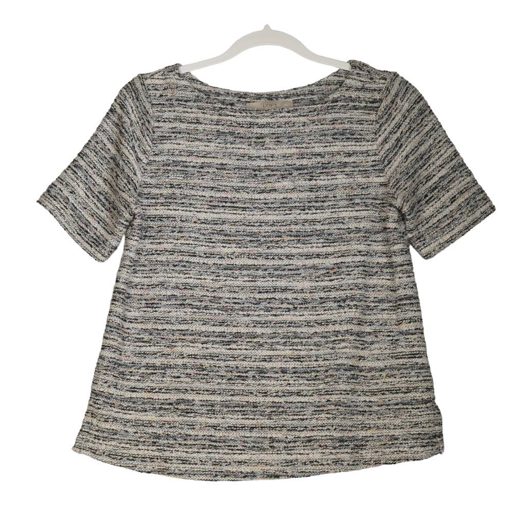 Loft Knit Sweater Women XS Marled Gray Textured Short Sleeve Pullover Scoop Neck